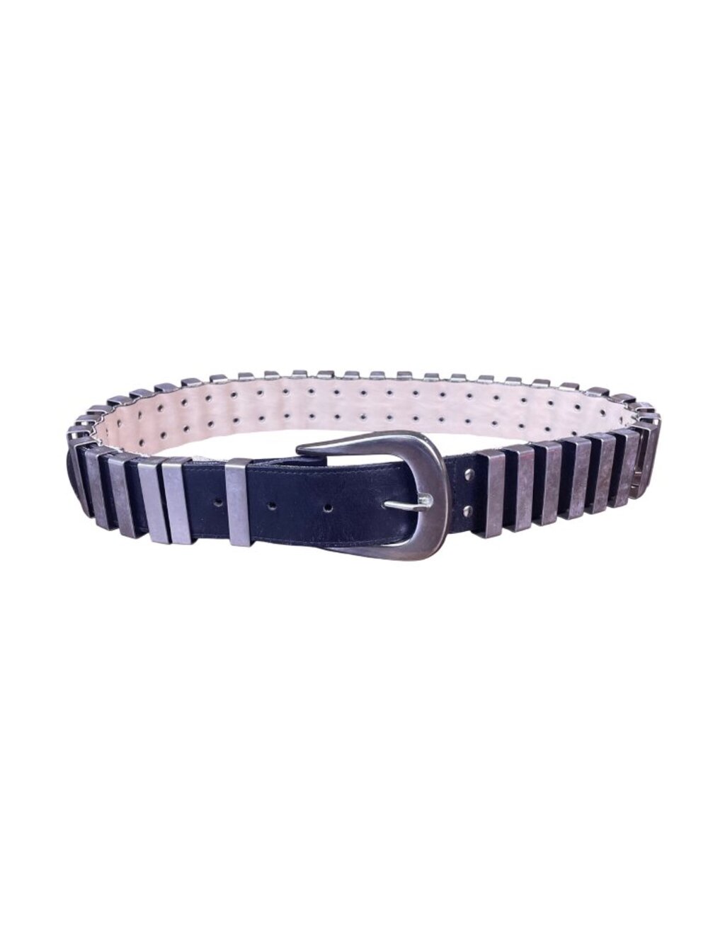 Black Leather & Silver Metal Studded Belt Adjustable Edgy Design Punk Style Sz L
